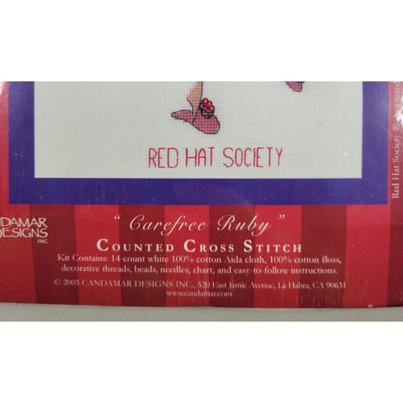 VTG Candamar Cross Stitch Kit Red Hat Society Carefree Ruby Red Purple 8x10 NEW - Picture 3 of 4